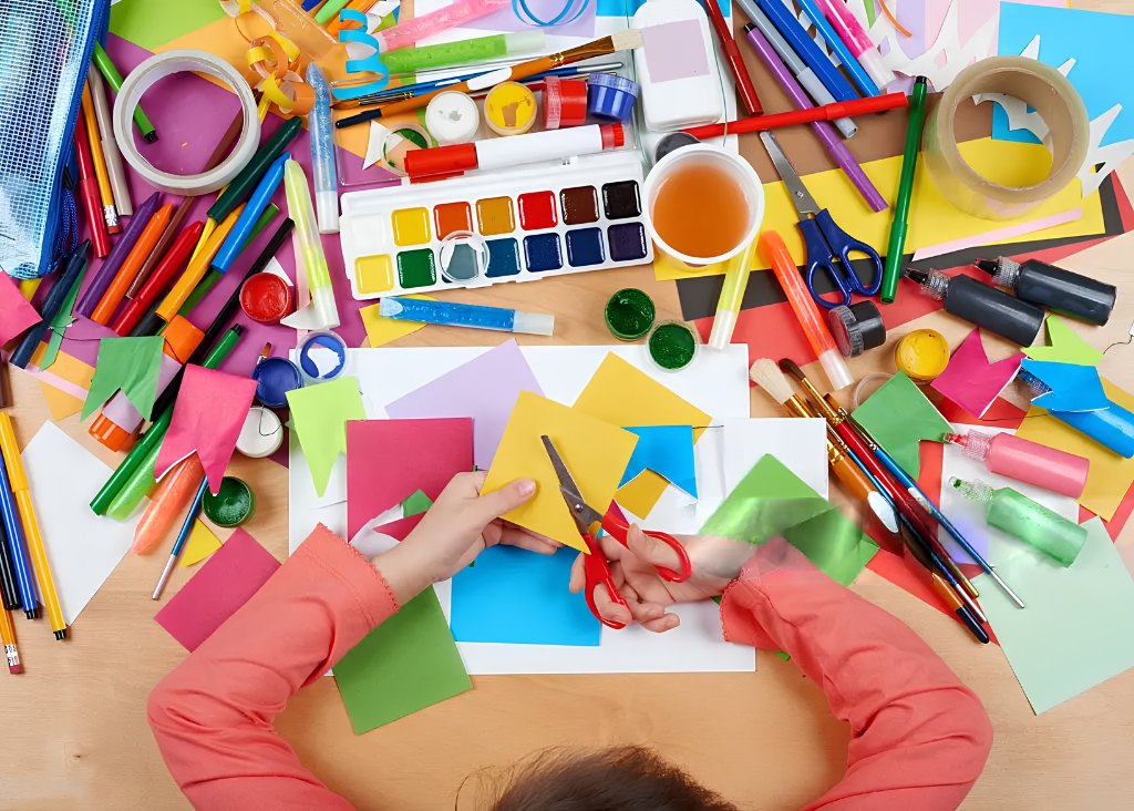 A colourful table filled with art supplies and paper for a creative activity