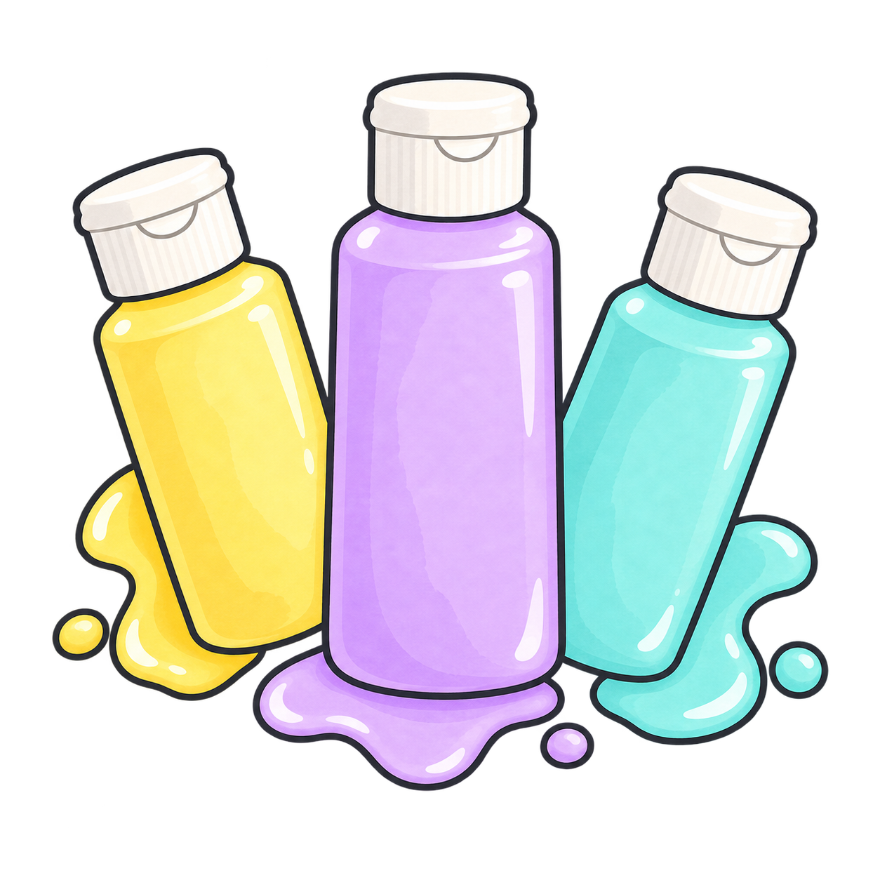 Three colourful paint bottles